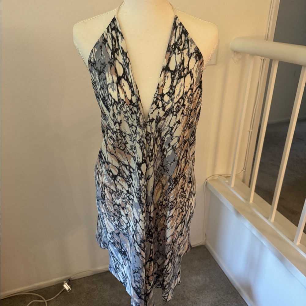 Olivaceous Marble Print Dress in Blue and White